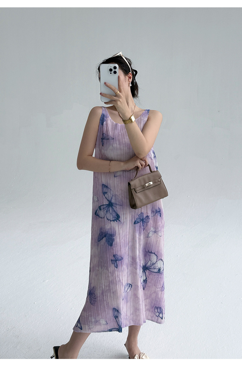 Đầm suông midi in họa tiết bướm gradient phong cách Pháp — màu tím nhạt chi tiết 8