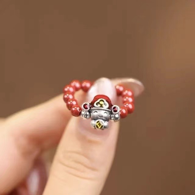 本命年紅繩戒指足銀999滴膠財神戒 男女情侶對戒復古3d硬銀食指戒