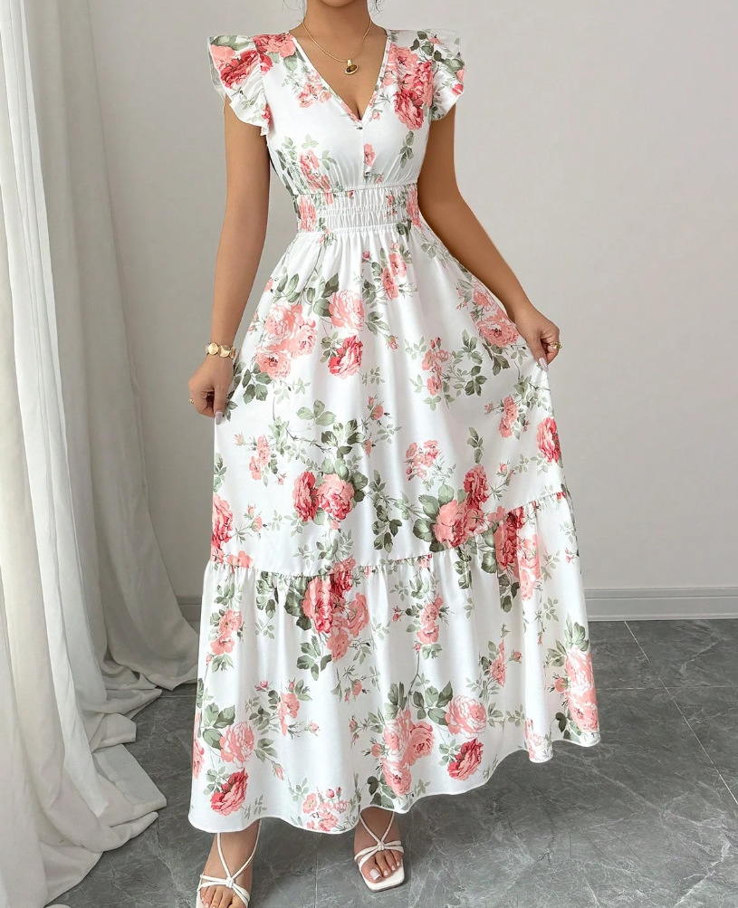 Women's Clothing Elegant Ladies Floral Print Hem Long Clothing_ecoleips.com