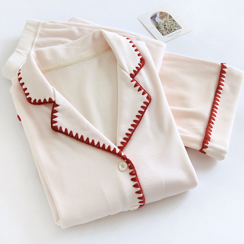 DeRong solid color simple long-sleeved trousers pajamas for women autumn and winter thickened and warm simple casual cardigan home wear set