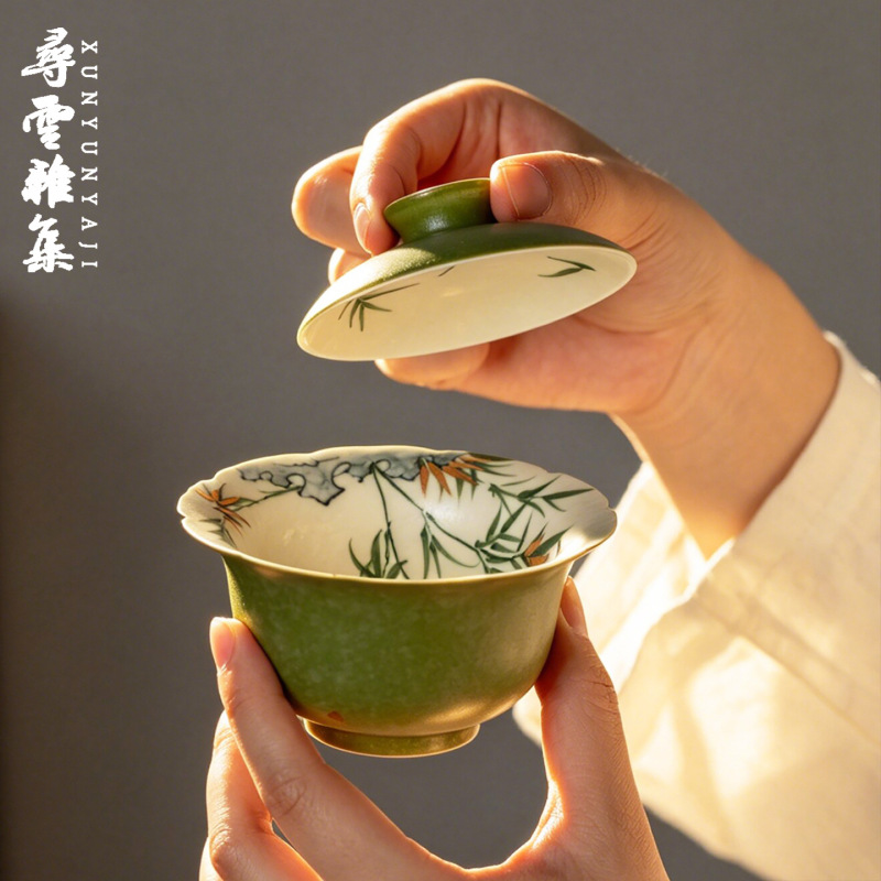 Xunyun Yaji Matcha Green Hand-Painted Green Bamboo Gold-Edged Flower Lid Bowl Home Use Ceramic Kung Fu Tea Set Single Tea Bowl