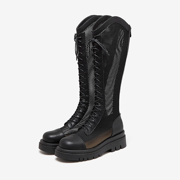 Boot lưới da thật cổ cao đế dày thoáng khí mùa xuân hè phong cách kỵ sĩ buộc dây — Màu nâu ống lớn, Màu đen cổ ống lớn, Ống nhỏ màu đen, Ống nhỏ màu be chi tiết 80