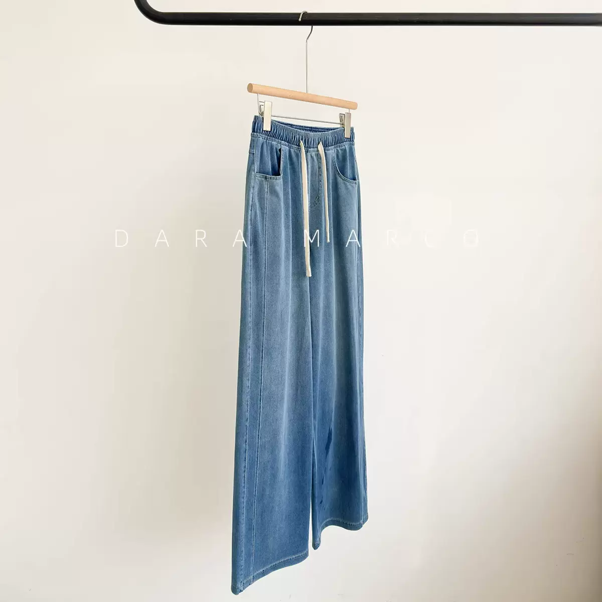 懒人神裤~弹力松紧腰垂感直筒阔腿拖地蓝色牛仔裤显瘦百搭女春夏