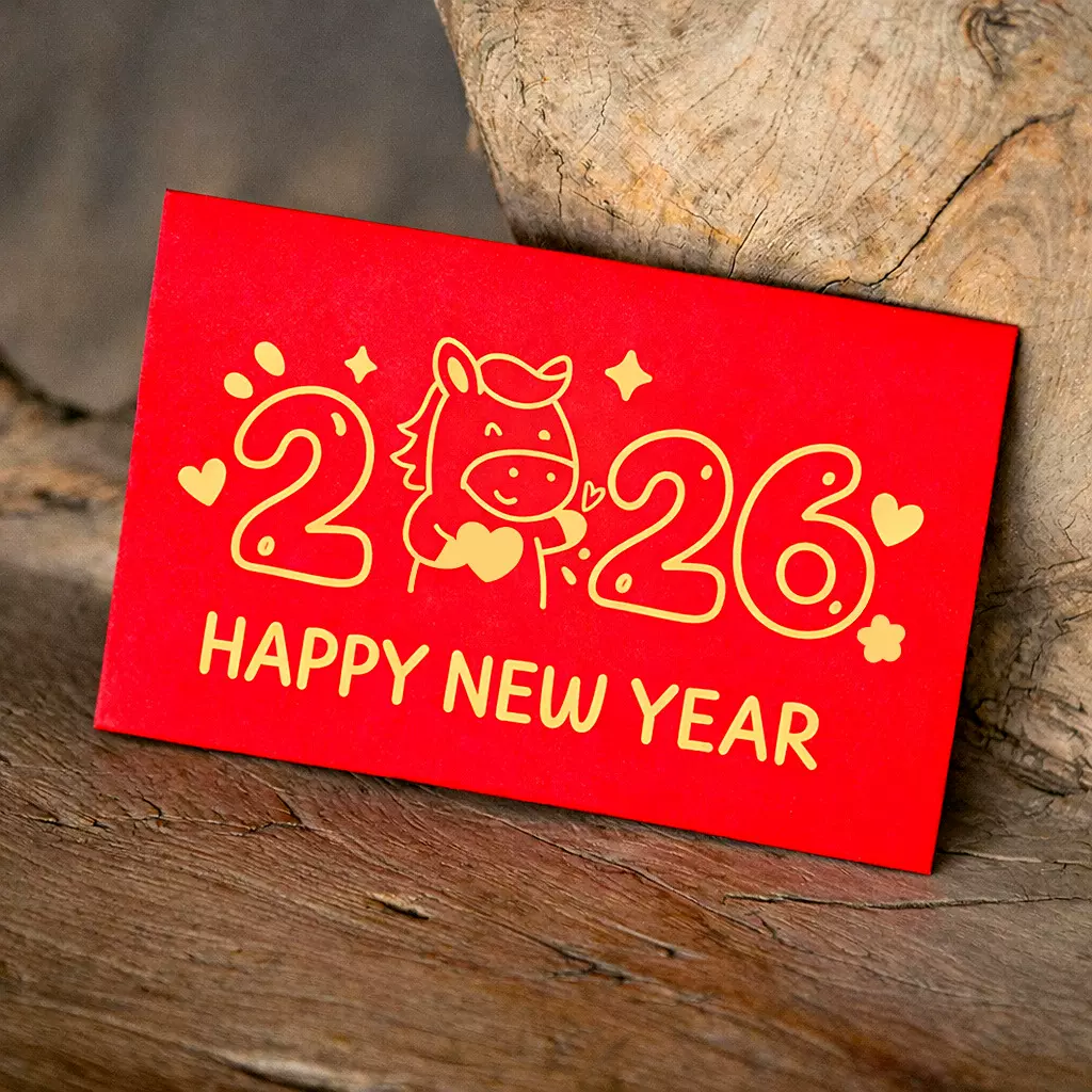 2026年简约红白卡通新年贺卡马年满版烫金高级感新年元旦卡片