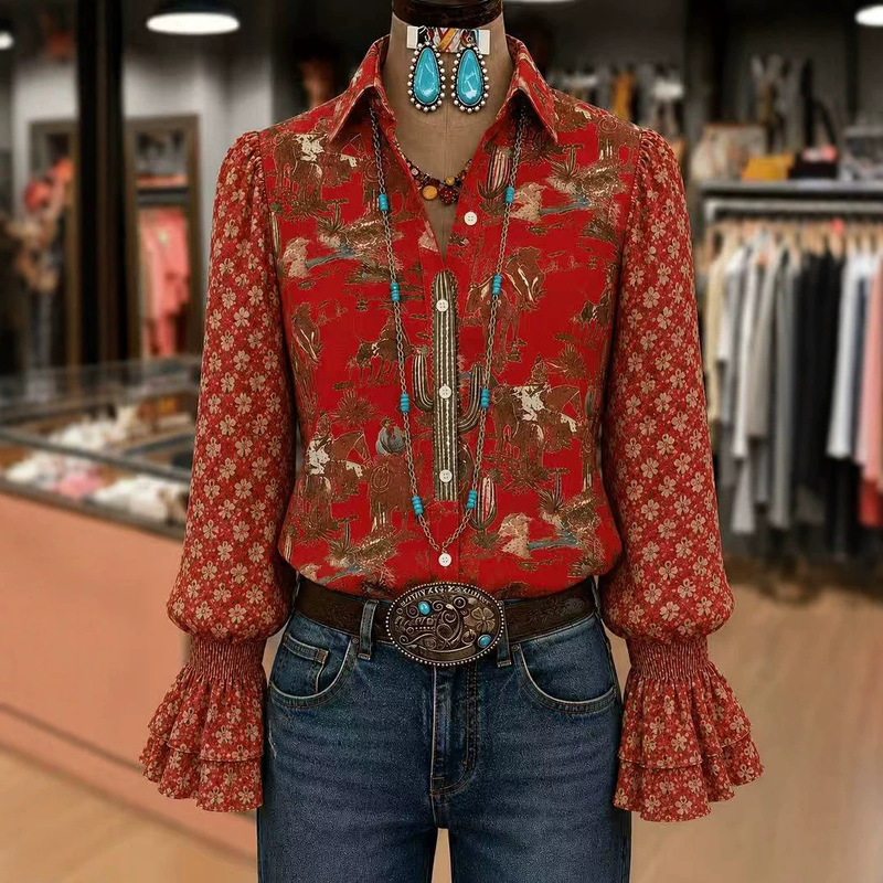 2026 Cross-border e-commerce Amazon independent store autumn women's animal and plant print farm western long-sleeve shirt 2026 Cross-border e-commerce Amazon independent store autumn women's animal and plant print farm western long-sleeve shirt