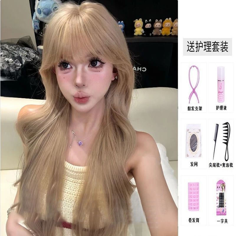 kuku公主同款假发长发刘海女团时尚自然整顶金沙色仿真发全头套女|undefined