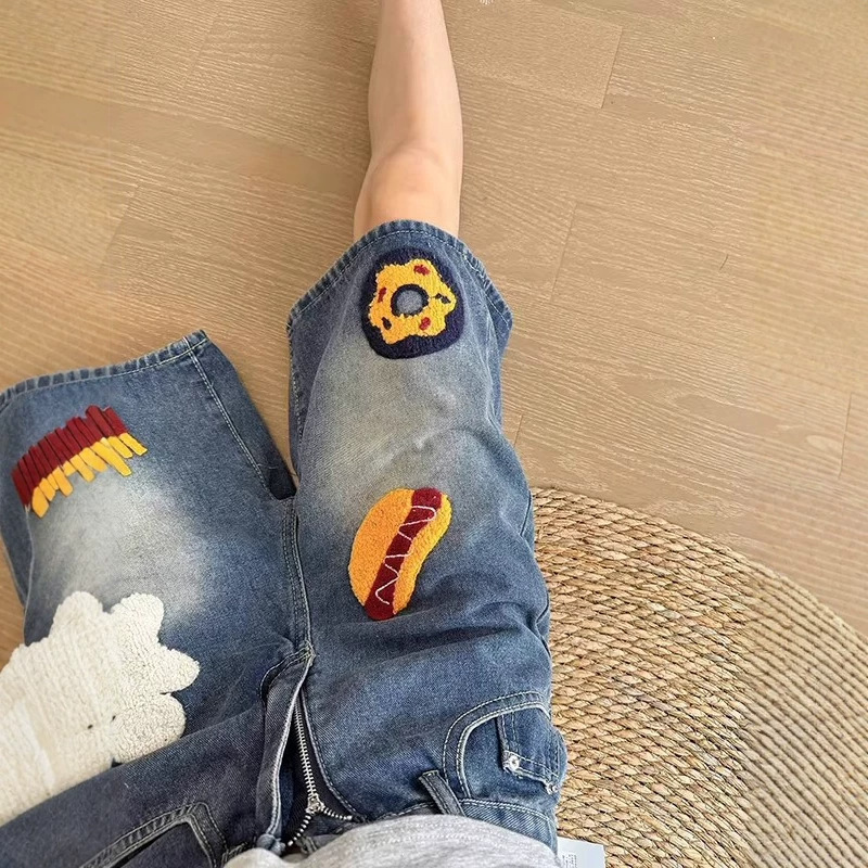 Cartoon Design Denim Cute Shorts for Women, Summer Plus-Size Vintage High-Waisted Loose Straight Five-Point Pants