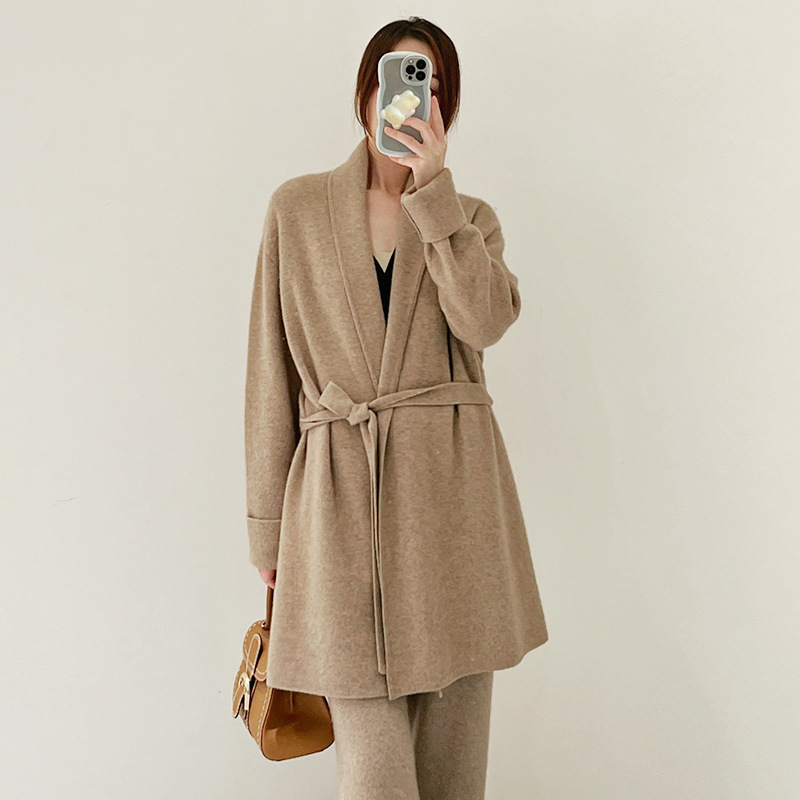 Thick Four-Needle Pure Cashmere Knitted Cardigan for Women, Mid-Length, Belted, Waist-Cinching, Long-Sleeved Coat