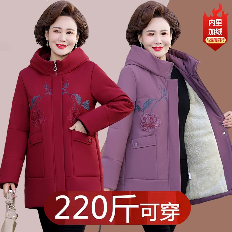 Утепленная теплая хлопковая одежда для полных мам на флисовой подкладке, зимняя одежда средней длины для бабушек и пожилых людей, куртка с хлопковой подкладкой очень большого размера