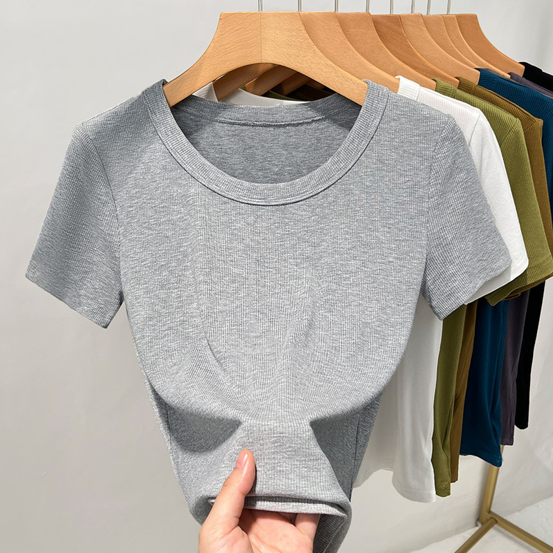 T-shirt de mangas cortas de rosca para mujeres 2025, nueva ropa de mujer de color sólido con camiseta de base elegante de cuello redondo de cintura