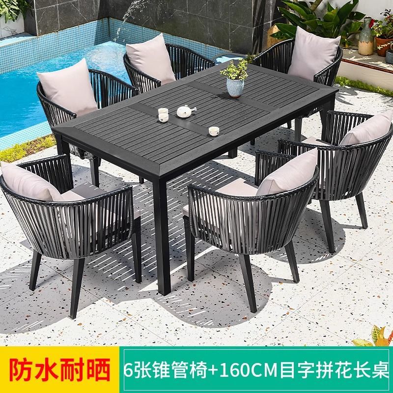 [아연도금강철] 블랙바티 의자 6개 + 플라스틱 나무무늬 긴 테이블 160개