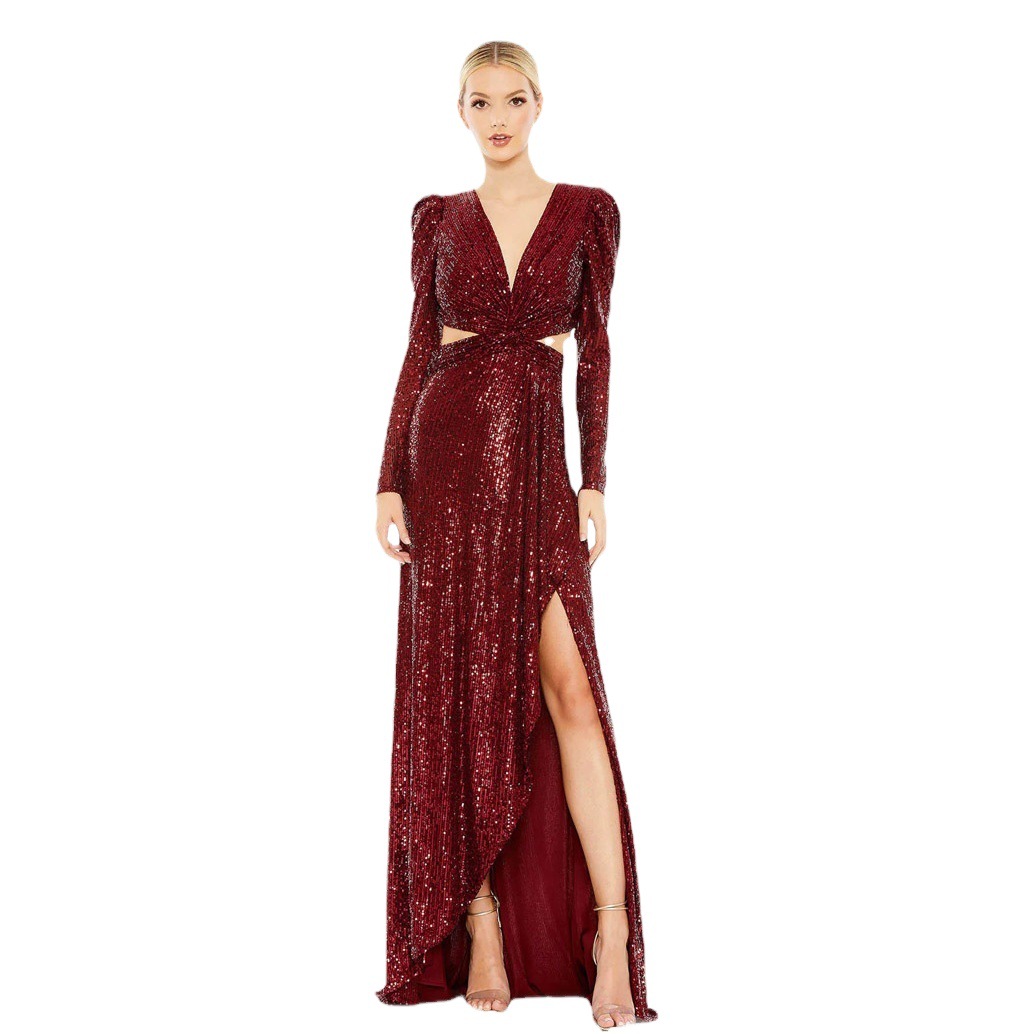 Europa y América del comercio exterior verano nuevo irregular sin respaldo banquete vestido de fiesta sexy split manga larga vestido de lentejuelas