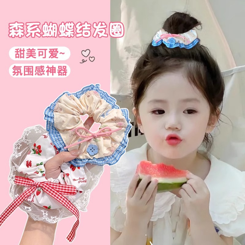 Botones de encaje de extremo superior para niños, anillo de cabello de alta sensación para niñas Mori, mariposa, cordón de cabello, banda de goma