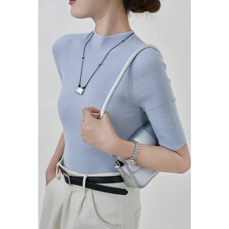 [Superfine Yangtze 60 Count] Seamless 16-Needle 100. Merino Wool Half Turtleneck Mid-Sleeve Knitted Bottoming Shirt for Women