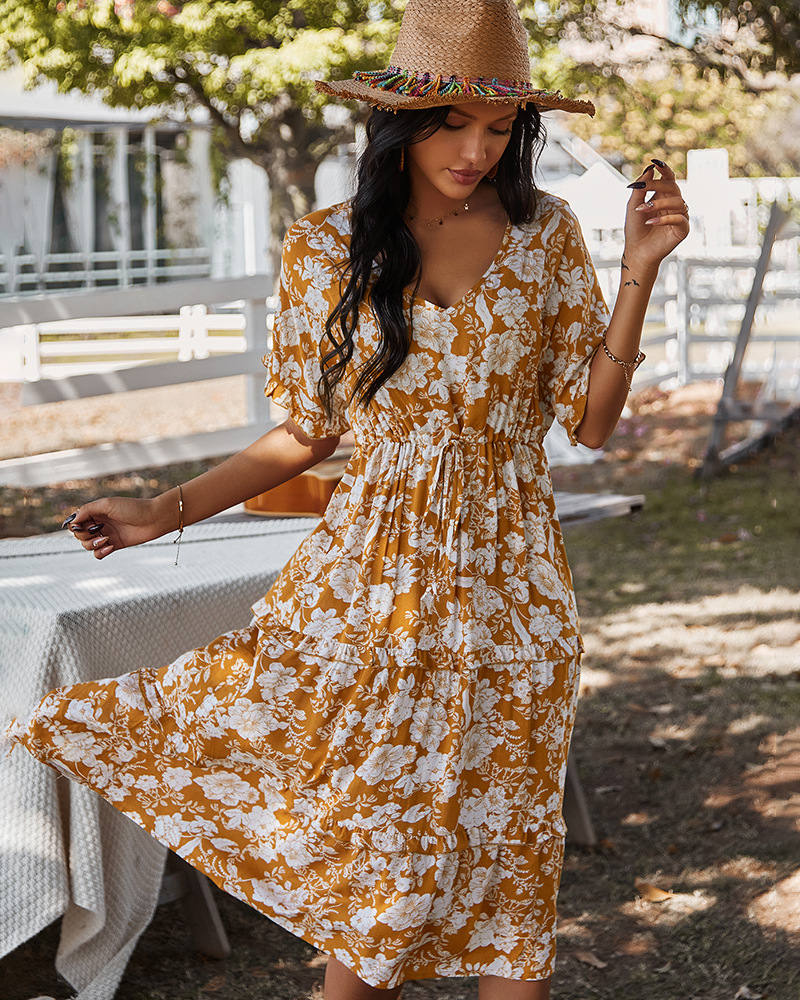 V-neck temperament mid-length printed dress NSKA37608