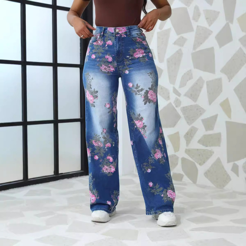 2026 New High-Waisted Printed Jeans, Loose Straight-Leg Floral Pattern European and American Women's Long Pants Wholesale 2026 New High-Waisted Printed Jeans, Loose Straight-Leg Floral Pattern European and American Women's Long Pants Wholesale