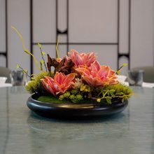 圆桌中间摆件中式餐桌花摆花仿真花茶桌前台花艺假花摆设