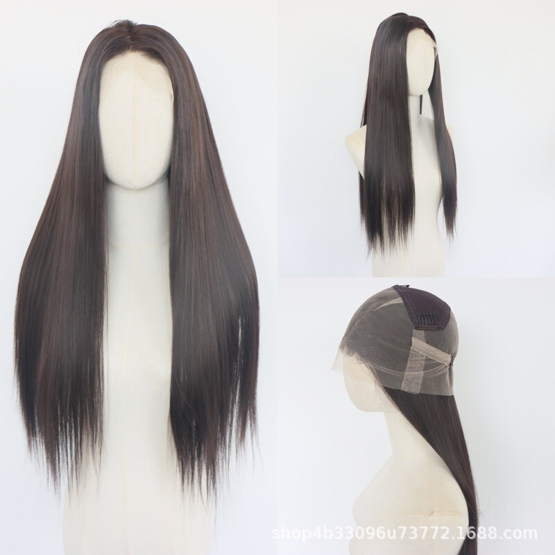 Full Lace Wig, hand-woven, dark brown, free-parting, shawl-length straight hair, heat-resistant wig