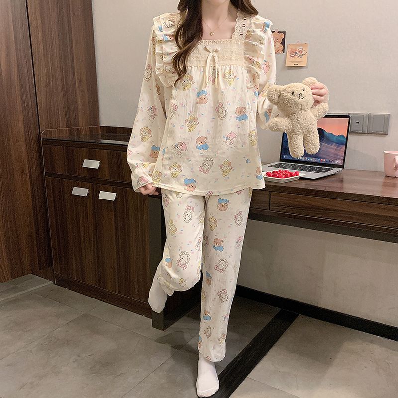 Al por mayor transfronterizo de otoño pantalones de mangas largas pijamas de mujer ropa de hogar de color sólido de dibujos animados encaje cojín de pecho princesa viento