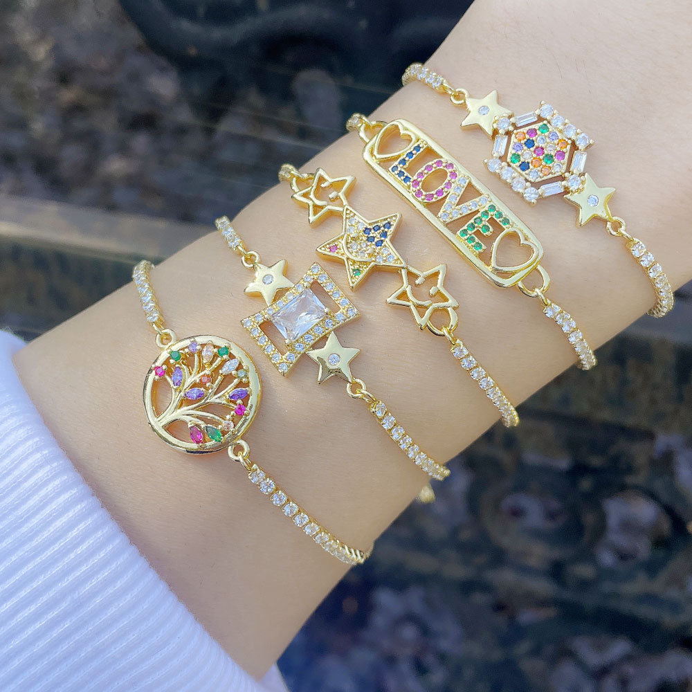 Fashion Color Zircon Star Smiley Tree Of Life Letter Love Copper Bracelet display picture 1