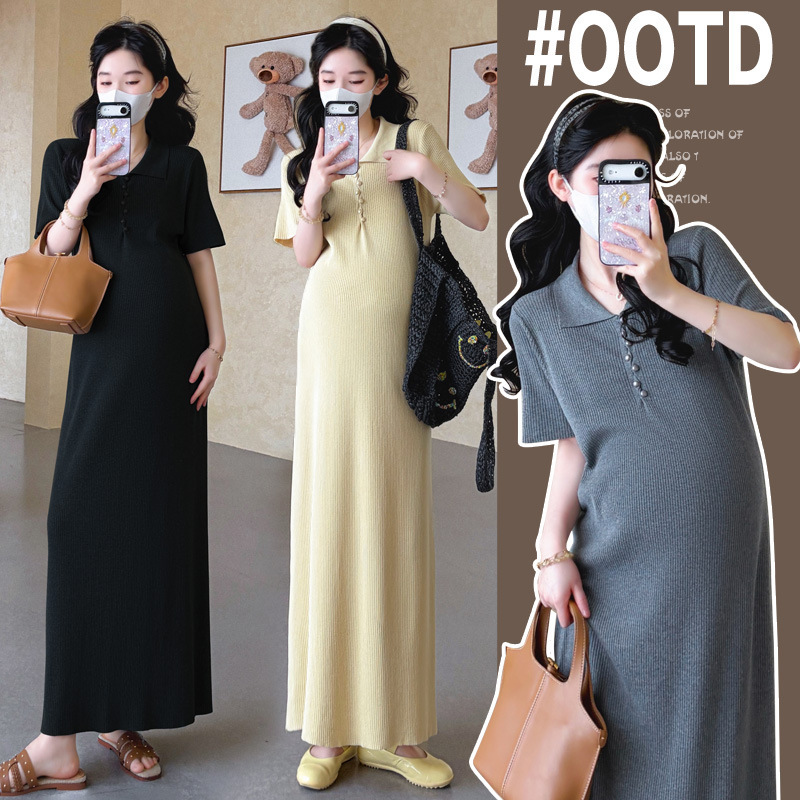 Maternity Dress 2026 New Versatile Korean Style Knitted Slim-Fit Casual Plus-Size Turn-Down Collar Base Straight Dress