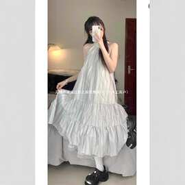 新款韩系学院宽松长裙女夏季无袖高腰气质过膝百搭通勤连衣裙优雅
