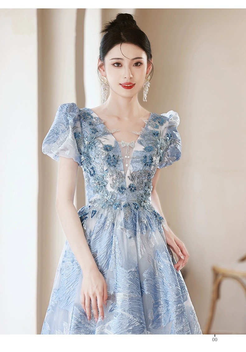 Đầm dạ hội ôm body màu xanh cao cấp, tay dài, phong cách thanh lịch — Màu xanh lam tiên khí chi tiết 20