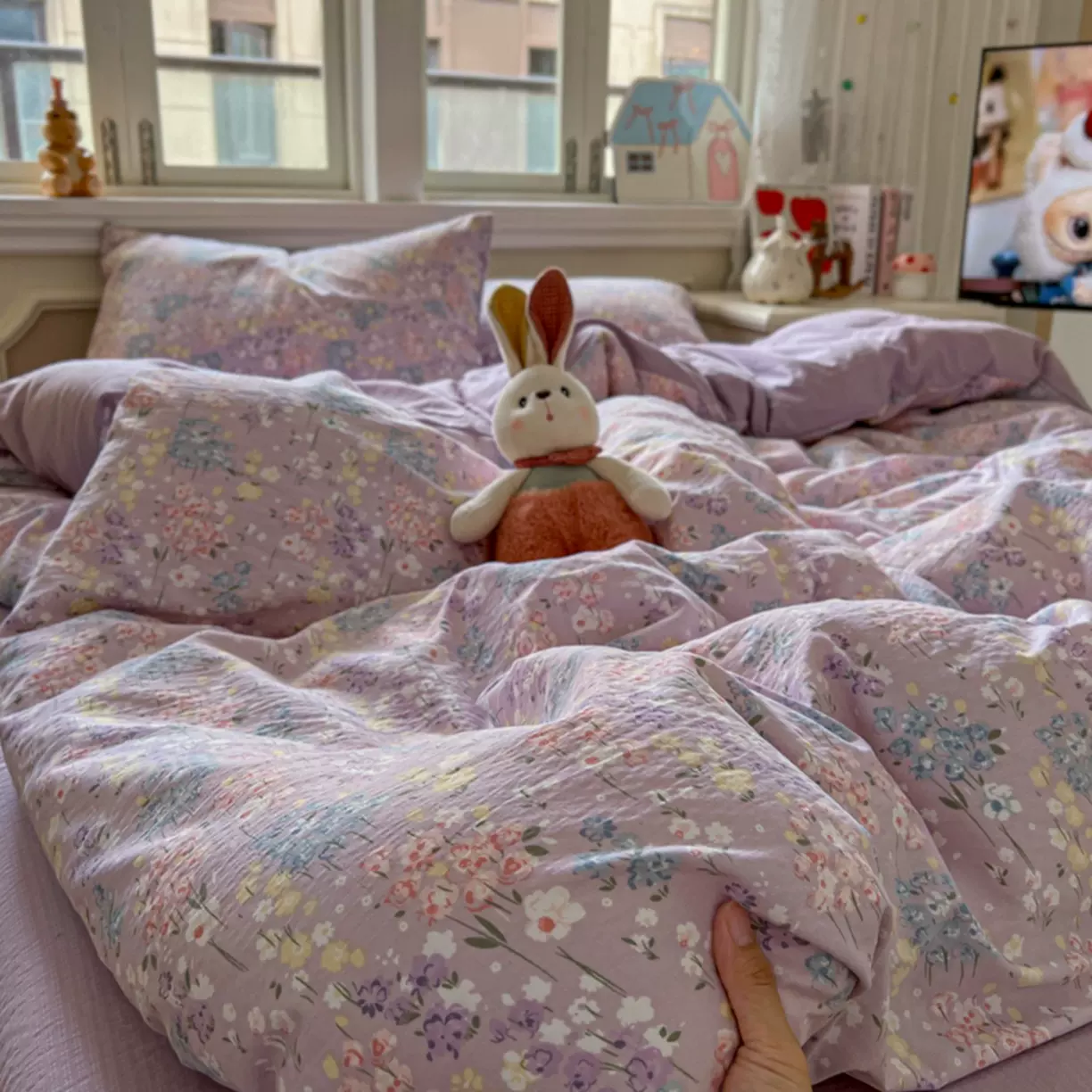 双层纱四件套床上用品床单床笠款云感木棉皱皱纱学生宿舍三件套