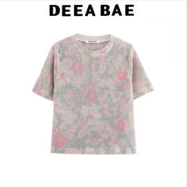 DEEABAE 2025春季新品女装 花朵印花圆领短袖针织上衣 1822018