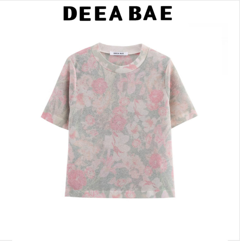 DEEABAE 2025 Spring New Women's Flower Print Round Neck Short Sleeve Knitted Top 1822018
