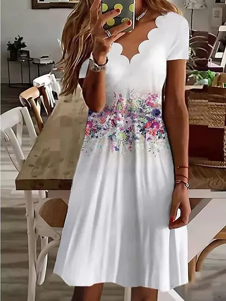 Cross-Border Exclusive Supply 2026 Summer Floral Print Wave V-Neck Dress Women's Short-Sleeve A-Line Dress