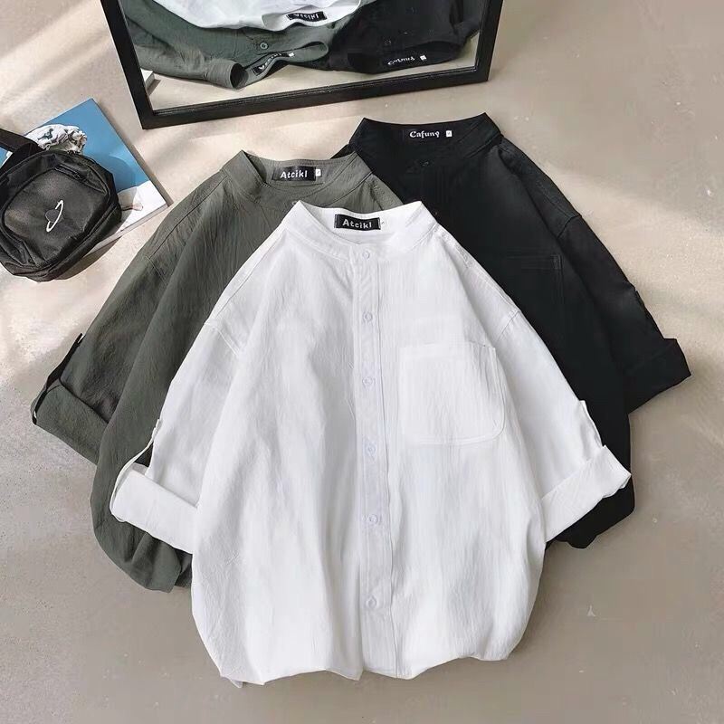 Summer New Korean Style Cotton and Linen Shirt Men's Stand-Up Collar Black and White Three-Quarter Sleeve Shirt Men's Handsome Casual Short-Sleeved Jacket Summer New Korean Style Cotton and Linen Shirt Men's Stand-Up Collar Black and White Three-Quarter Sleeve Shirt Men's Handsome Casual Short-Sleeved Jacket