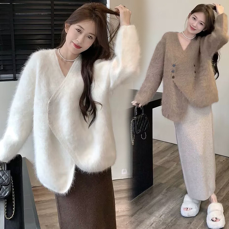 임산부 코트 밍크 벨벳 V넥 불규칙 스웨터 카디건 가을 겨울 고급 루즈 레이지 스타일 니트 코트