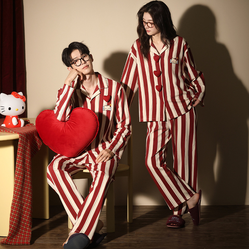 Bright Red Newlywed Couple Pajamas, Spring and Autumn Style, Pure Cotton Long-Sleeved Festive Wedding Vertical Striped Zodiac Year Set