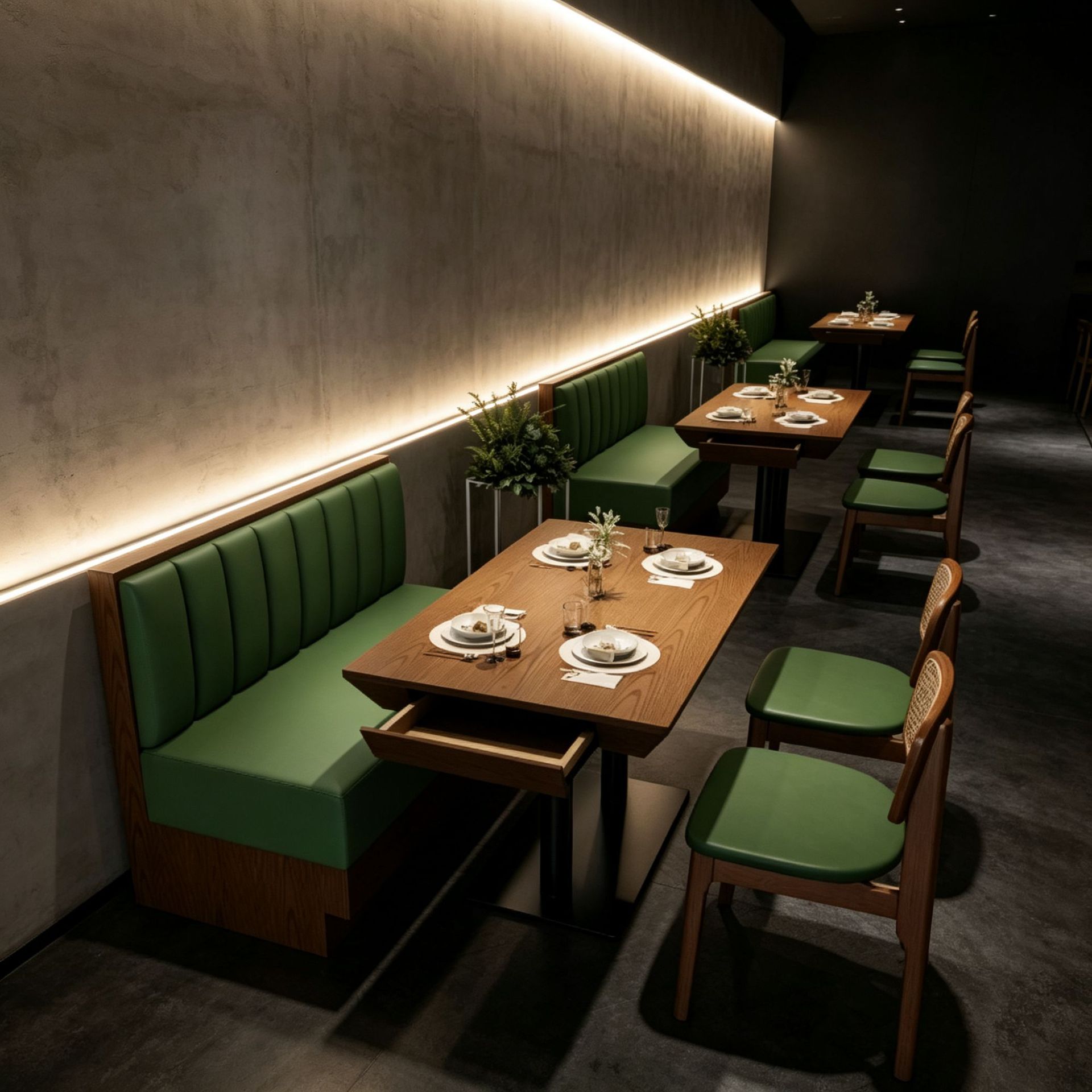 Factory direct sales commercial dining table and chair set, mid-century style solid wood dining table with drawers, wall-mounted booth sofa and rattan chair