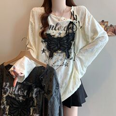 大码设计感抽绳斜领长袖t恤女秋季新款胖mm宽松显瘦遮肉破洞上衣