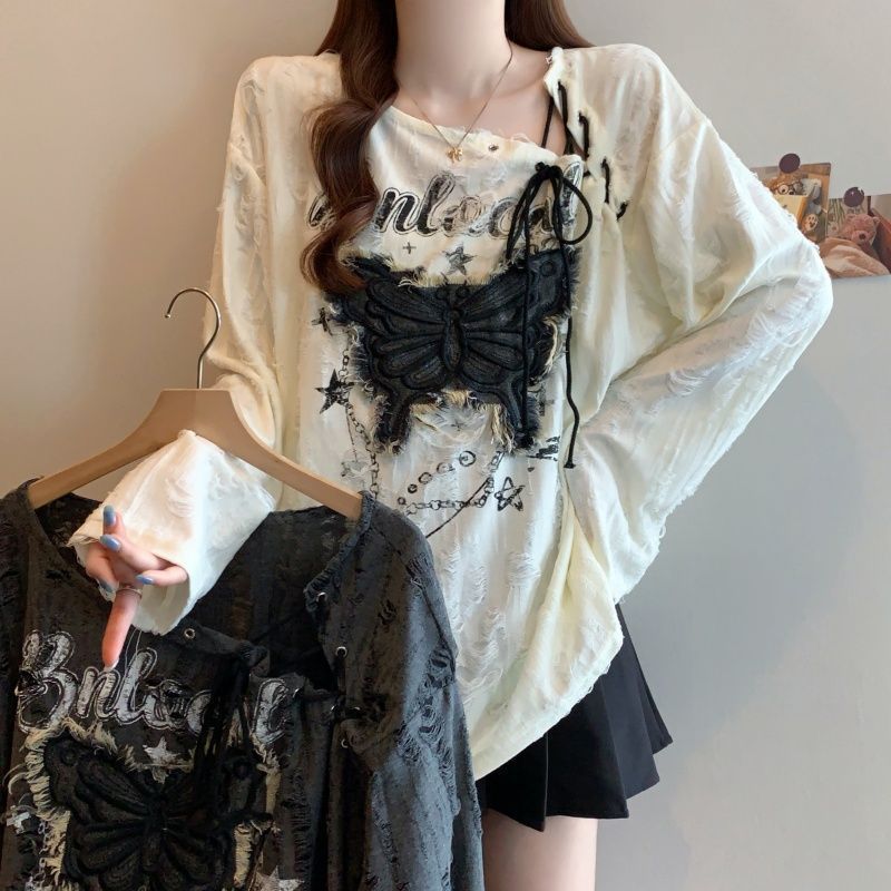 Plus-Size Design Drawstring Asymmetrical Collar Long-Sleeve T-Shirt for Women, Autumn New Style, Loose Fit for Plus-Size, Slimming, Covering, Ripped Top Plus-Size Design Drawstring Asymmetrical Collar Long-Sleeve T-Shirt for Women, Autumn New Style, Loose Fit for Plus-Size, Slimming, Covering, Ripped Top