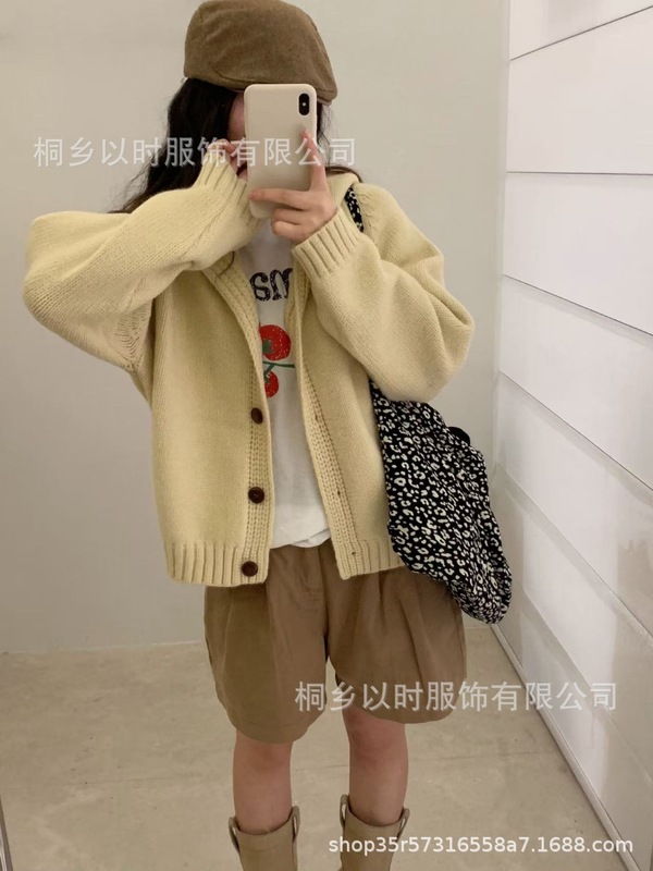 以时 文艺复古风厚实毛衣外套 25秋冬季新款宽松连帽针织开衫 女|undefined