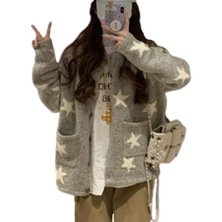 休闲慵懒风毛衣女外套设计感拼色五角星提花秋冬新款翻领针织开衫|undefined