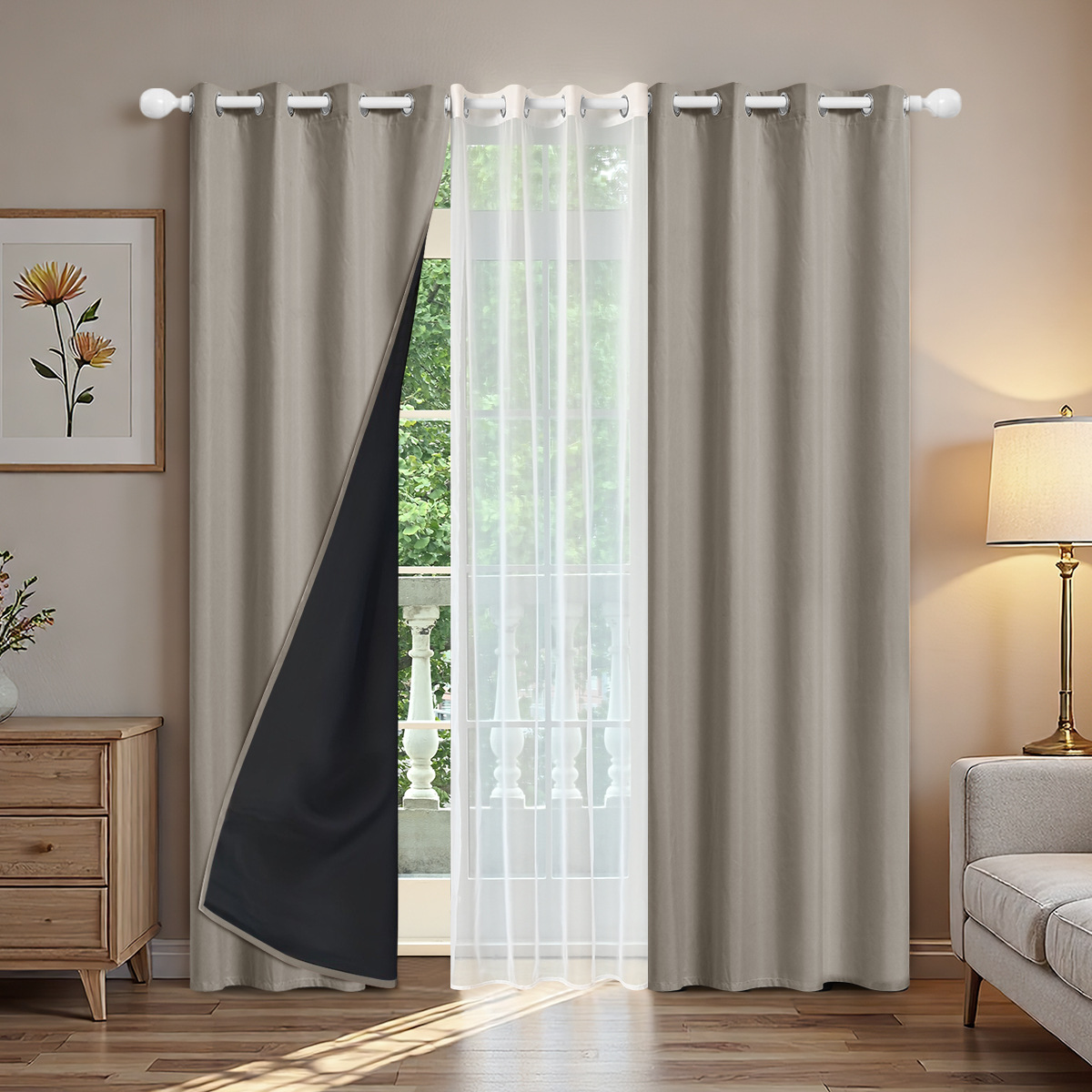 Cortinas perforadas transfronterizas conjuntos de cortinas textiles de primavera cortinas de sombreado 2pcs con doble cadena de tela de trilon 1pc