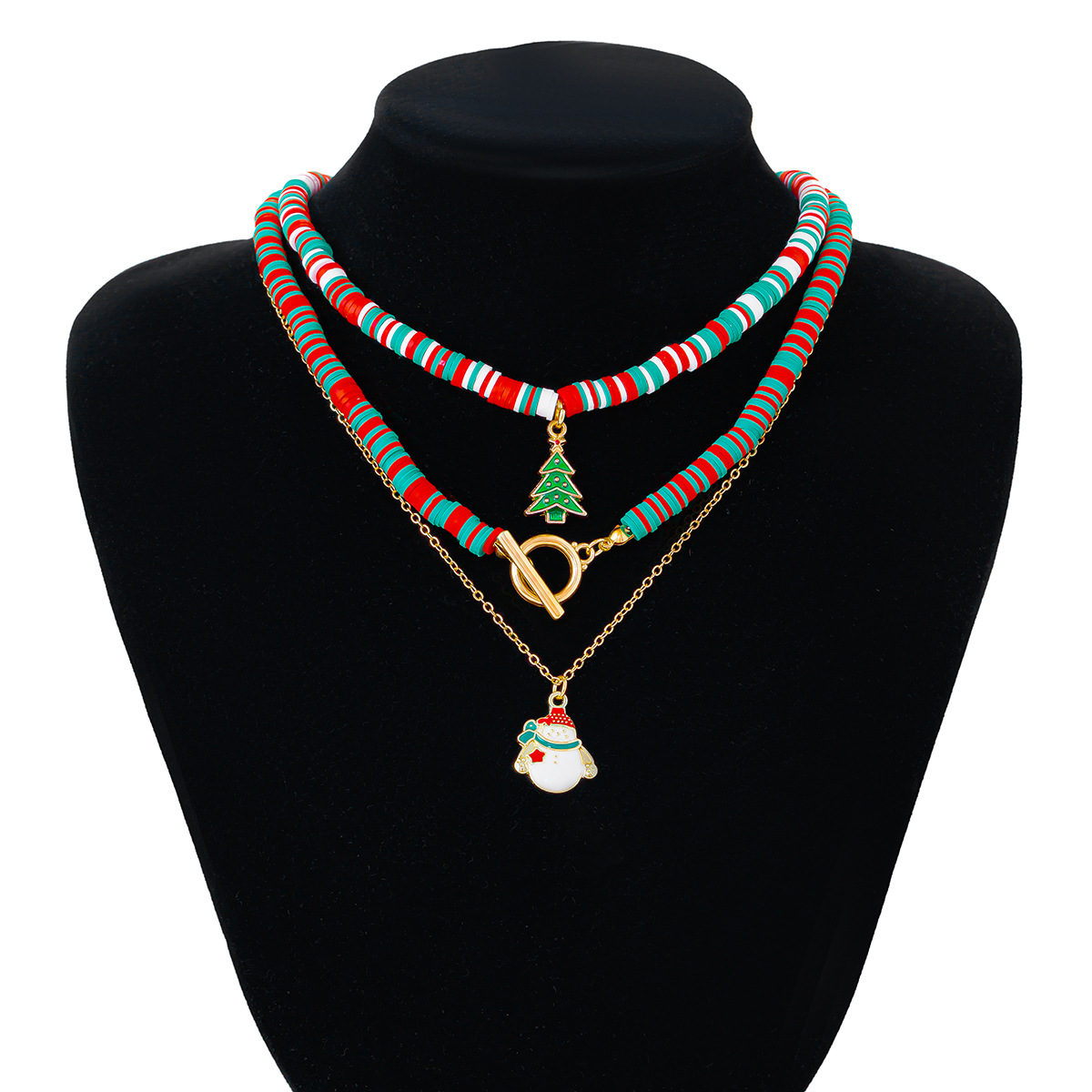 European And American Fashion Soft Pottery OT Buckle Alloy Necklace 3-piece Set Christmas Elderly Pendant Collarbone Chain_voghion.com