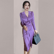 端庄大气高端职业气质西装裙紫色秋春装新款女长袖V领系带连衣裙