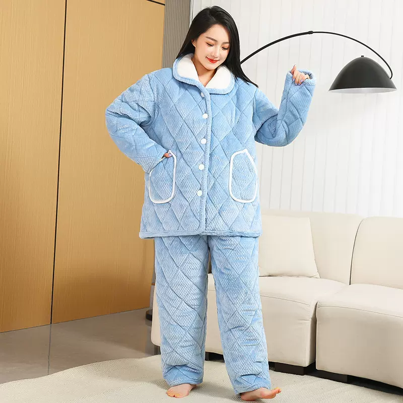 夹棉睡衣女法兰绒家居服秋冬季三层加厚加绒珊瑚绒棉袄套装（高）