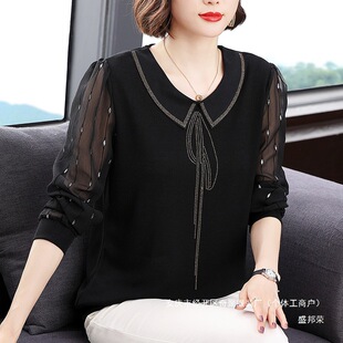 Middle-aged Mother 2025 Spring and Autumn New Fashion Chiffon Top Belly Covering Long-sleeved T-shirt Women's Western-style Knitted Shirt