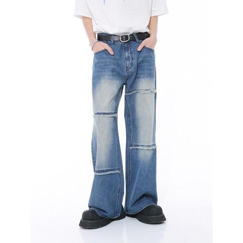 Autumn and Winter New Men's Jeans Star Style Raw Edge Design Loose Straight Pants Mid-Waist Simple Long Pants