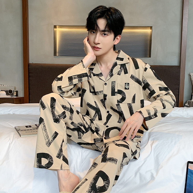 Pijama de primavera y otoño para hombres, camiseta de mangas largas, pantalones largos de tamaño grande que se pueden usar con ropa casera juvenil.