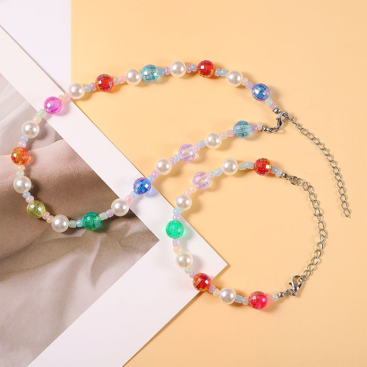 Color Laser Bead Pearl Stitching Chain Necklace Bracelet Set display picture 4