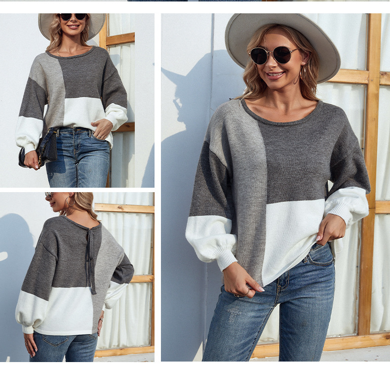 contrast color round neck back tie sweater NSMMY139010