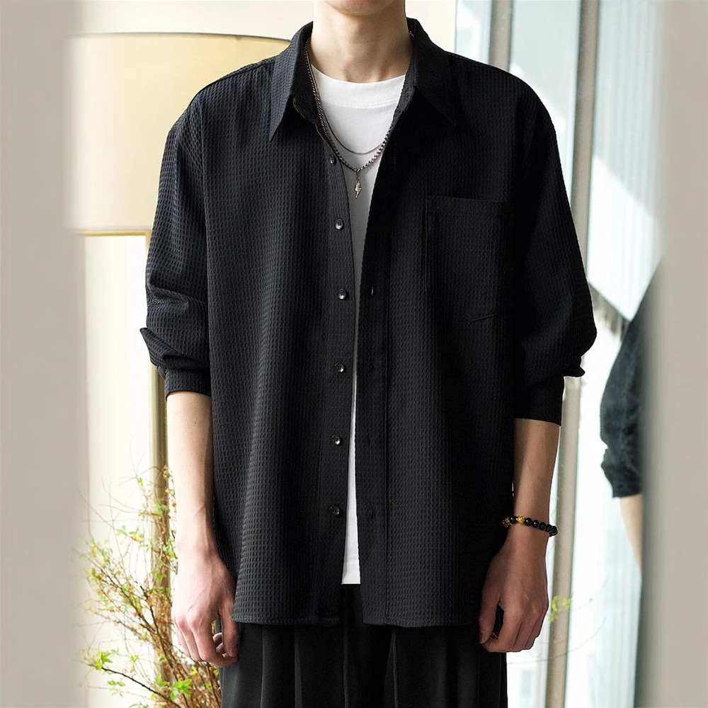 Chaqueta de solapa de waffle chaqueta de hombre primavera estilo coreano guapo de alta gama ropa de trabajo casual camisa de hombre de moda