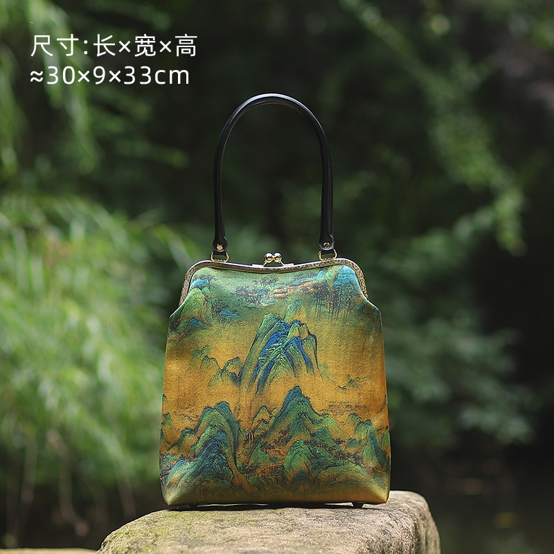 千里江山図手作り布 DIY 材料バッグハンドバッグ竹ハンドルリップ型口ゴールドバッグ未完成品|undefined